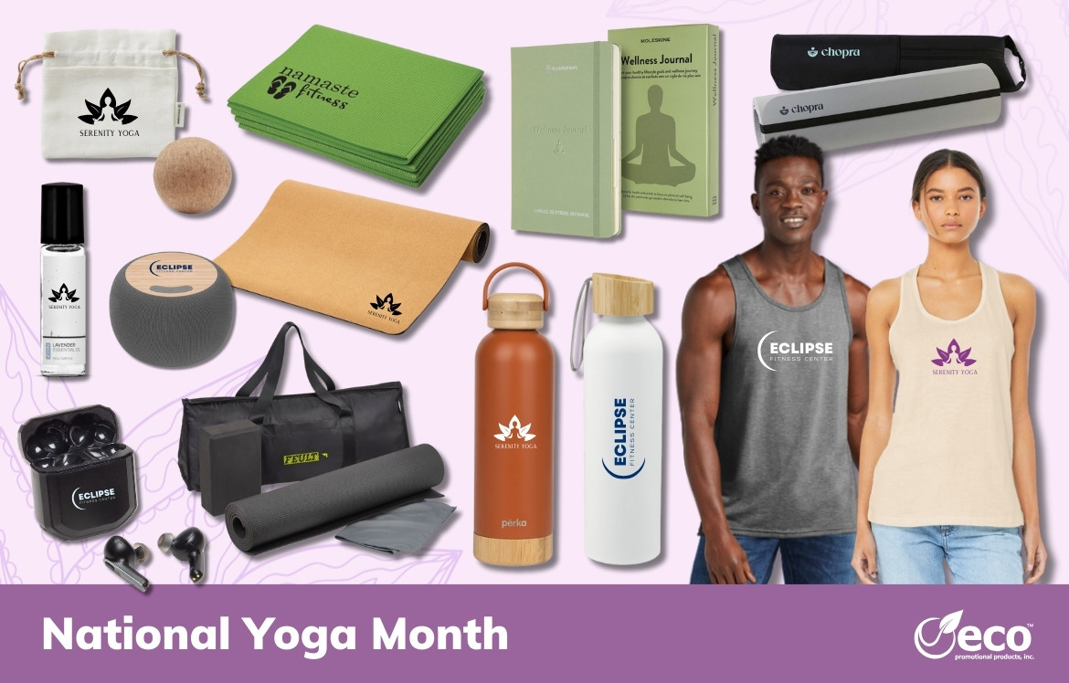 Products for yoga - tank tops, yoga mats, cork ball set, essential oil roller, wireless speaker, wellness journal, earbuds, water bottles