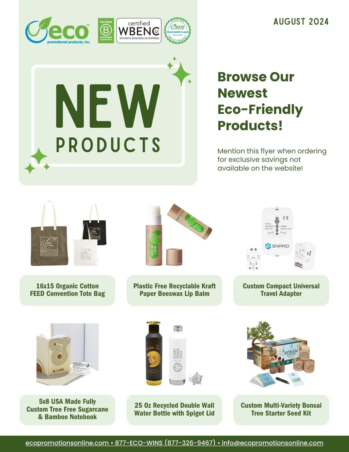 August new products flyer with 6 items - tote bag, lip balm, travel adapter, notebook, water bottle, and bonsai kit