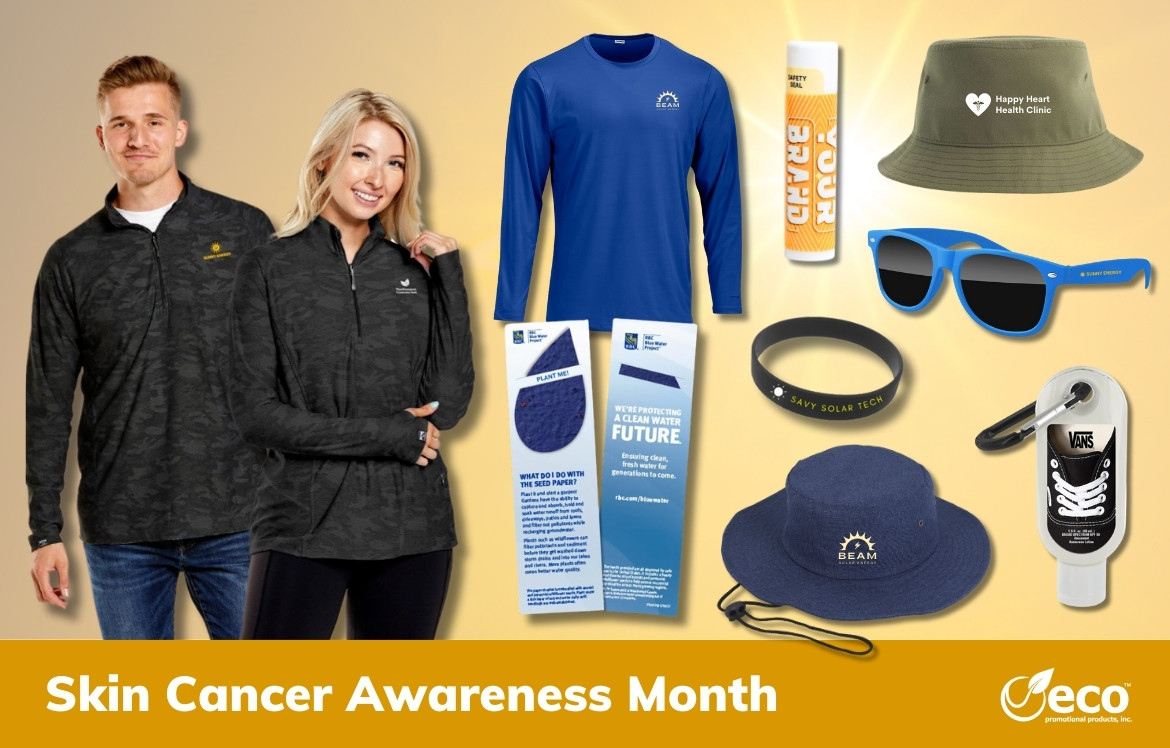 Products for skin cancer awareness - quarter zip pullover, silicone wristband, bookmark, sunglasses, spf lip balm, bucket hat, sunscreen, long sleeve tee, sun hat