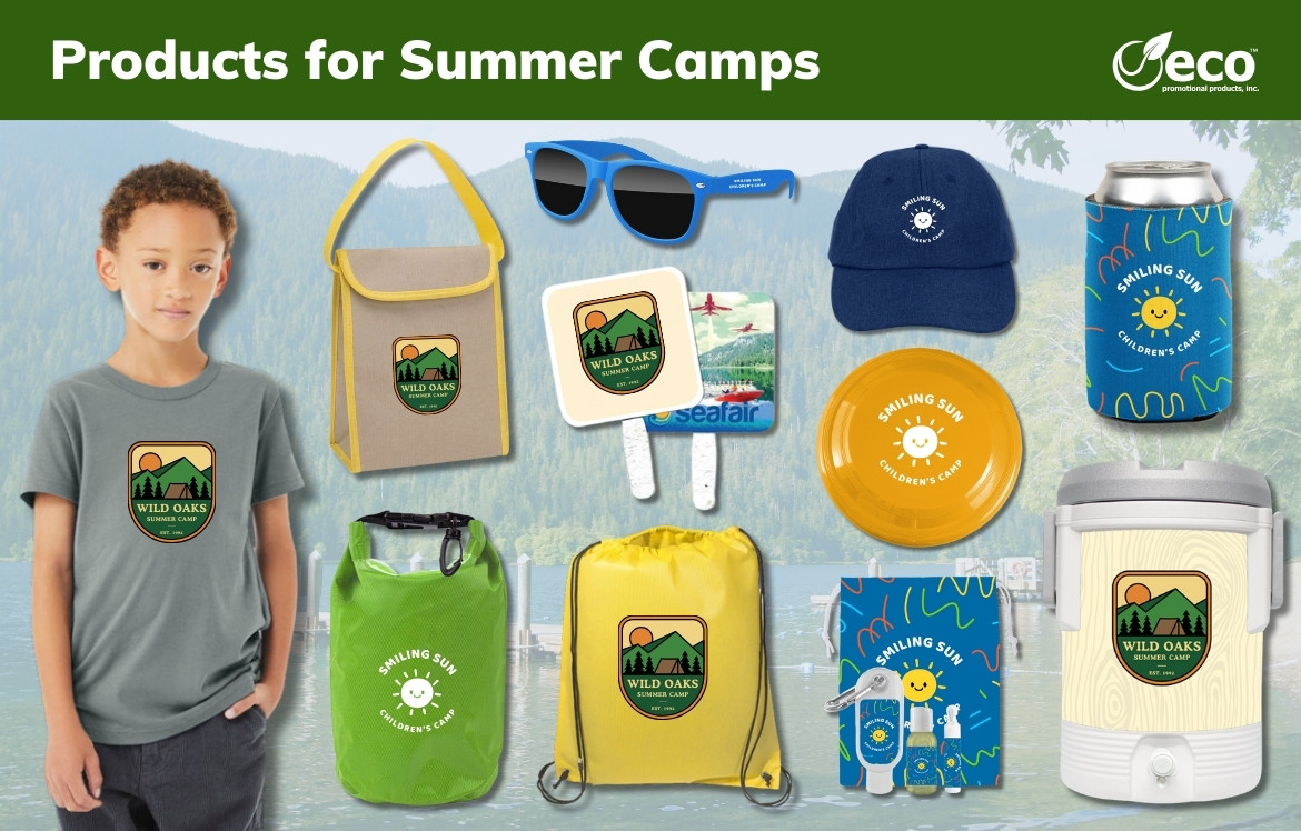 Summer camp products - t-shirt, lunch bag, dry bag, sunglasses, hand fan, drawstring backpack, flyer, hat, cooler, eco coolie, summer essentials kit