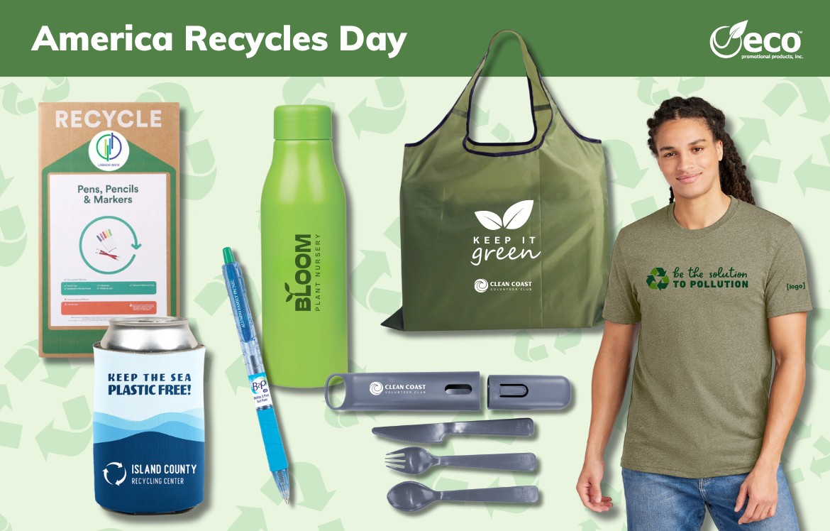 America Recycles Day text with promotional products - recycle box, bottle, pen, can cooler, reusable tote, utensil set, t-shirt