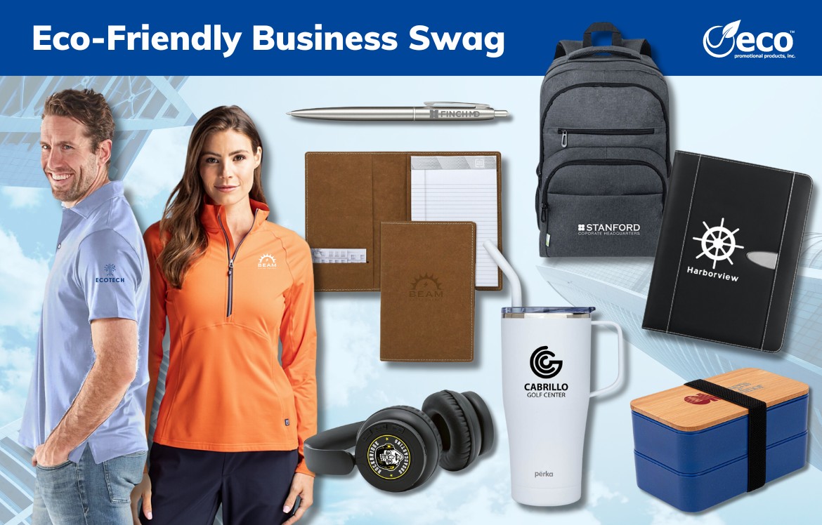 Eco friendly business swag - headphones, backpack, pen, stretch pullover, refillable pad holder, polo, bento box, reusable tumbler, portfolio