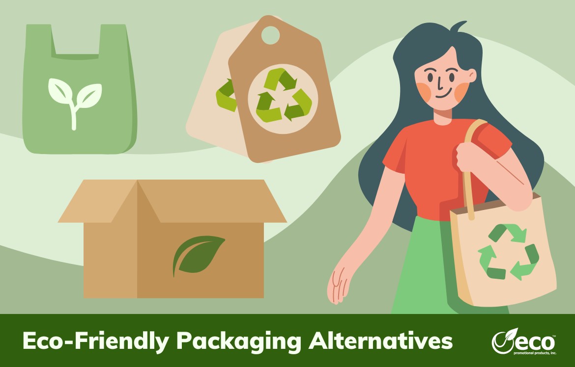 person with reusable tote, cardboard box, cardboard tag, reusable bag with text reading eco friendly packaging alternatives