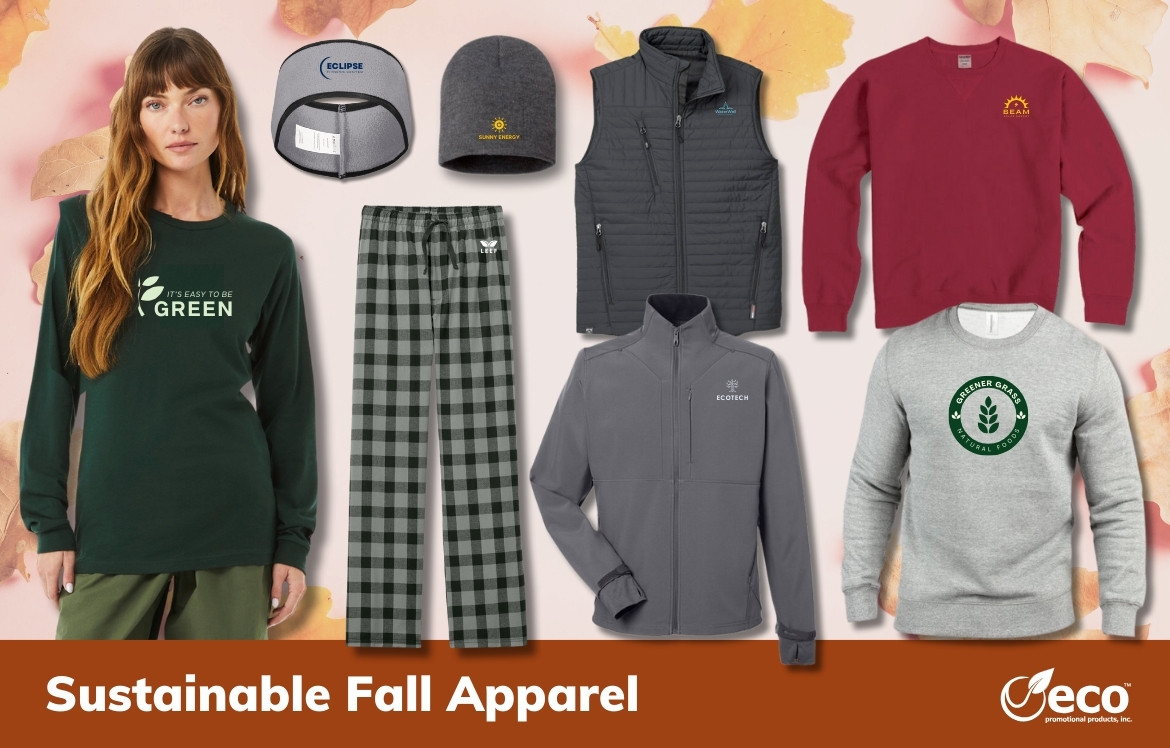 Fall promotional apparel - recycled jacket, flannel pajama bottoms, recycled vest, crewneck sweatshirts, long sleeve shirt, headwraps, recycled beanie