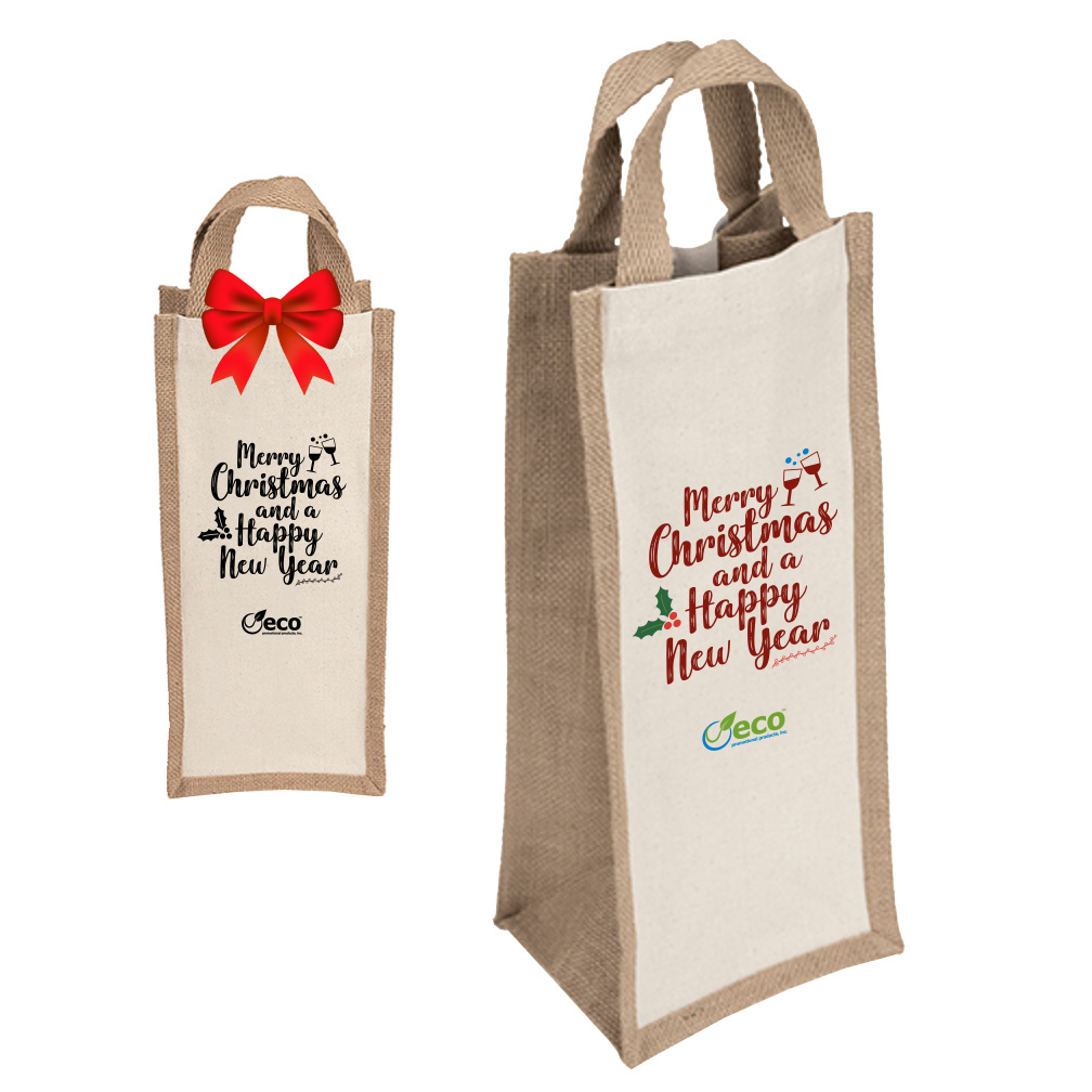 Holiday 6" x 14" Jute and Cotton Wine Tote 