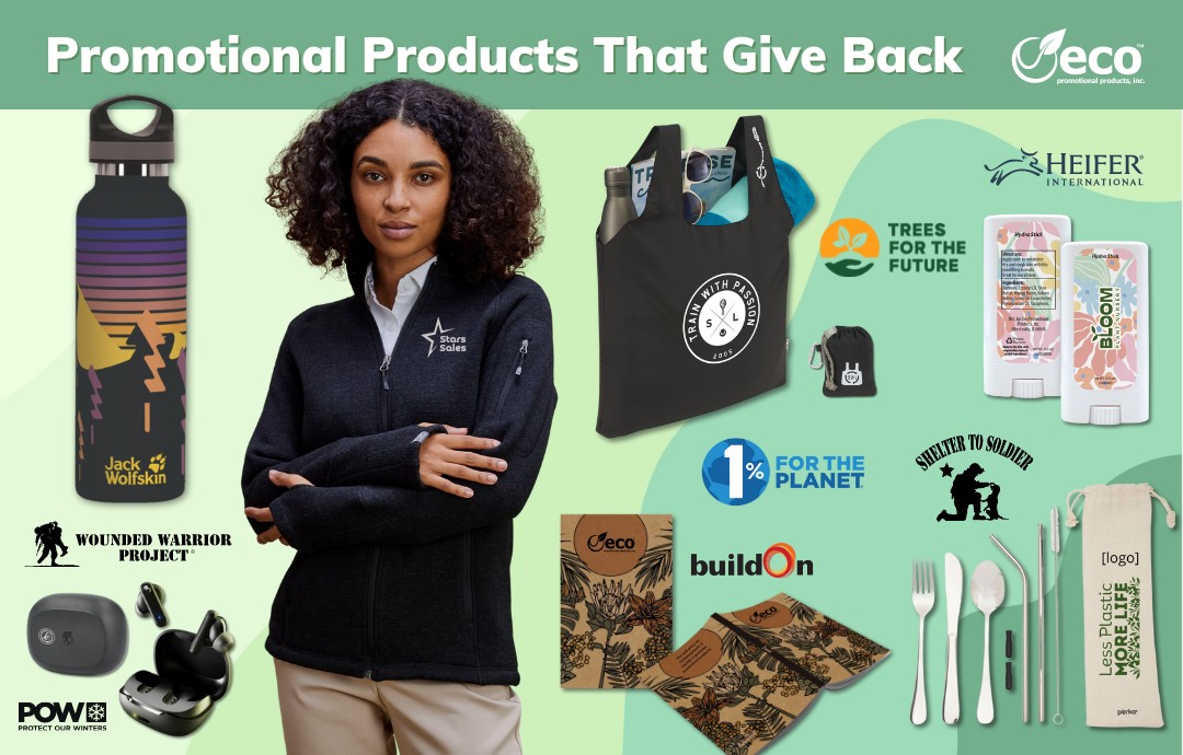 Promotional products that give back - water bottle, utensil set, earbuds, notebooks, hydration sticks, foldaway totes, sweater fleece jackets