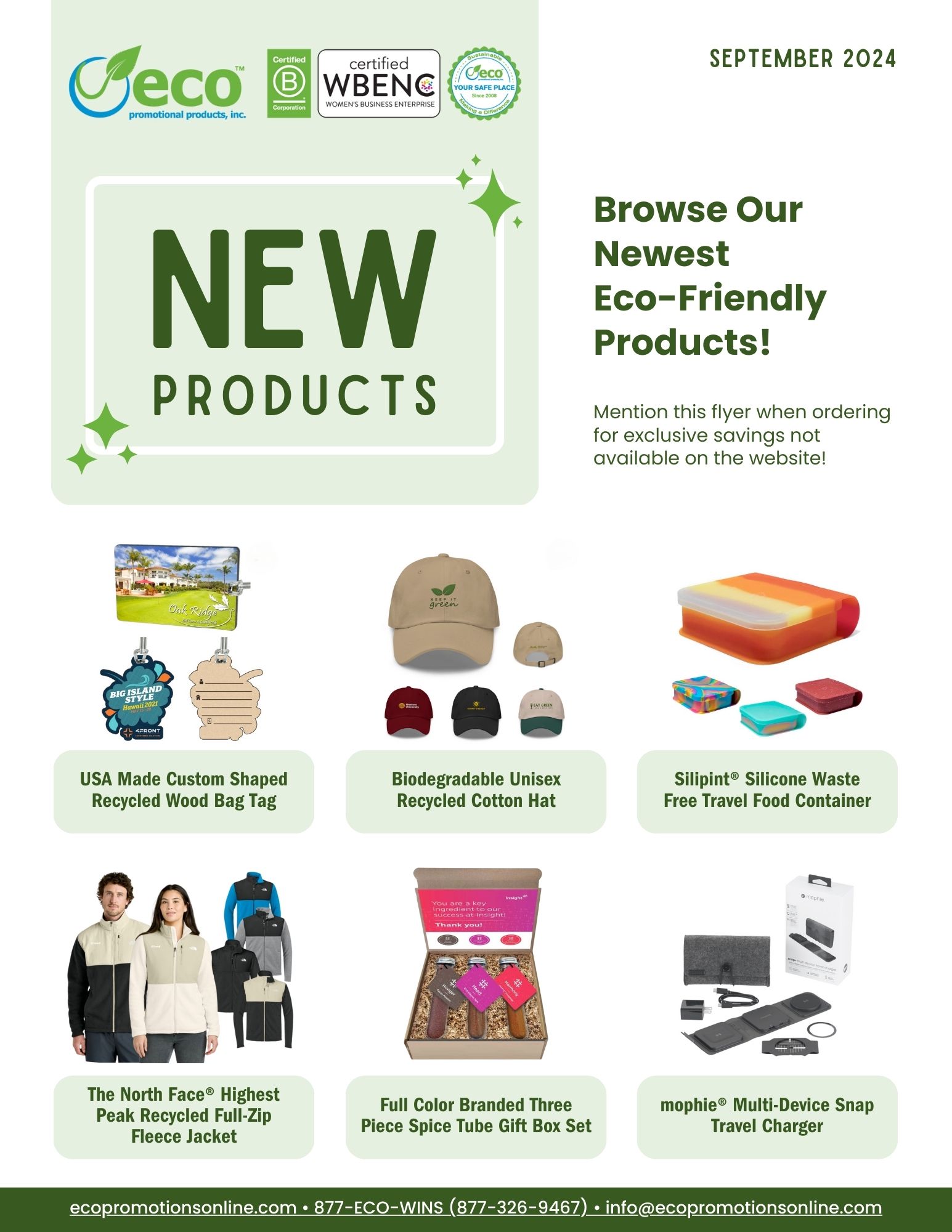 New products for September - bag tag, cotton hat, silicone food container, travel charger, fleece jacket, spice gift box