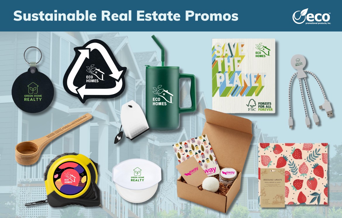 Sustainable real estate promotional products - keychain, dishcloth, jar opener, coffee scoop, pizza cutter, beeswrap, tape measure, charging cable, household essentials kit, tea set