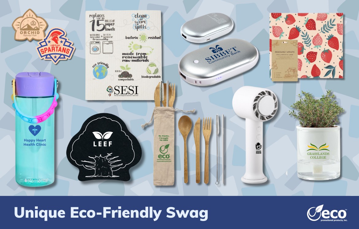 Unique eco friendly swag - portable fan, beeswax wraps, self watering planter, dishcloth, recycled jar opener, custom drinkware, wood decal stickers, utensil set, hand warmer