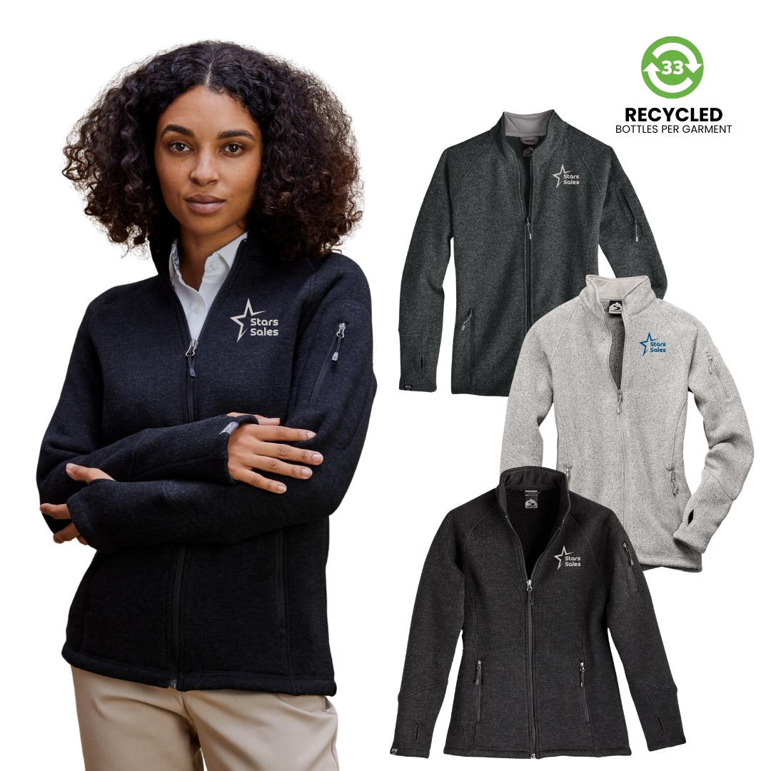 woman wearing custom branded recycled sweater fleece jacket in various colors