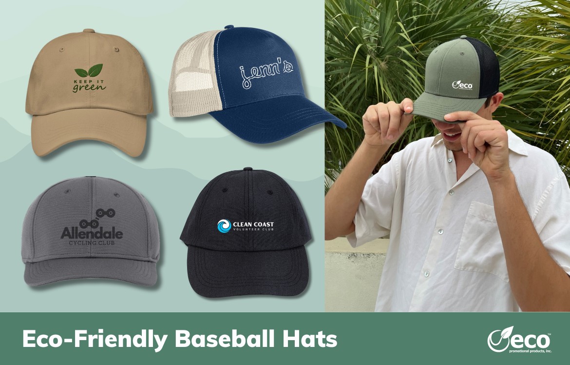 Various baseball hats in different colors with white text on green banner reading "Eco-Friendly Baseball Hats"