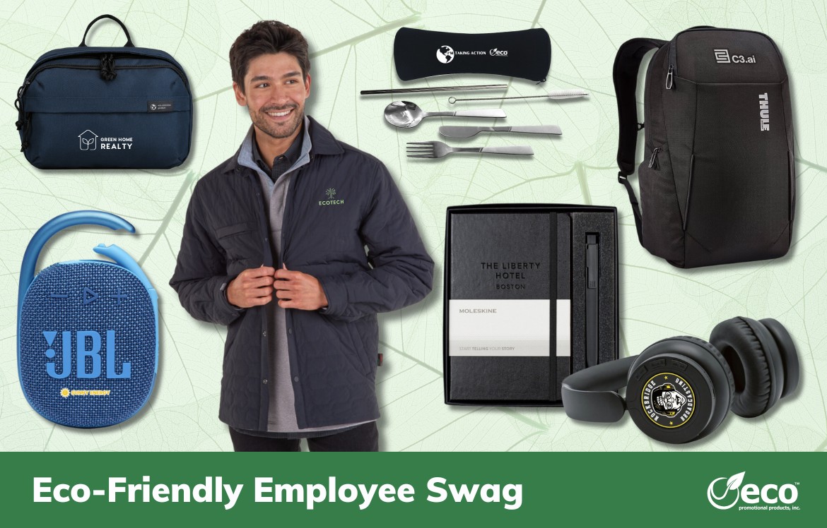 Eco-friendly employee swag - jacket, bluetooth speaker, notebook set, headphones, utensil set, backpack, toiletry bag