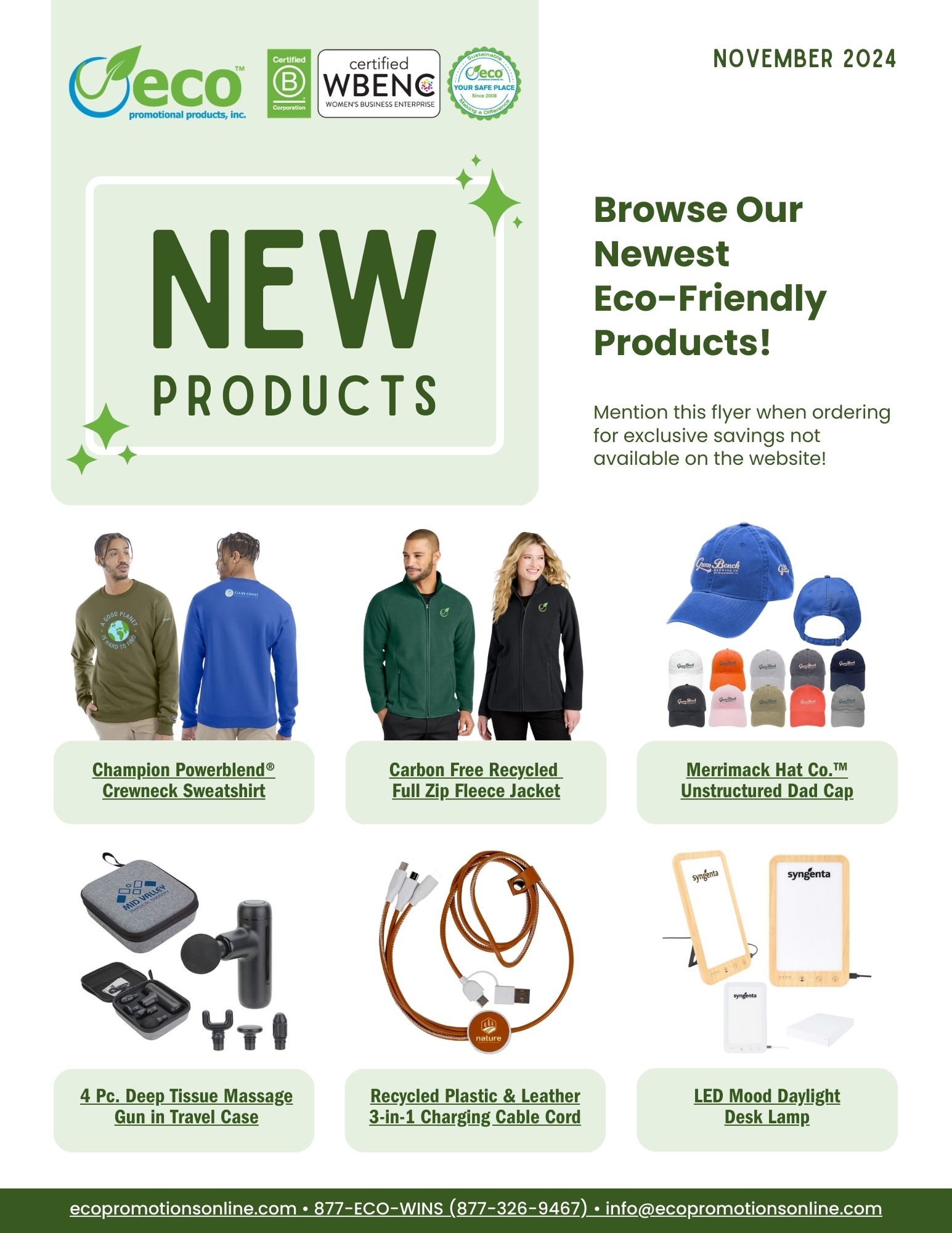 New products for September - sweatshirt, full zip fleece jacket, hat, charging cable, led lamp, massage travel gun