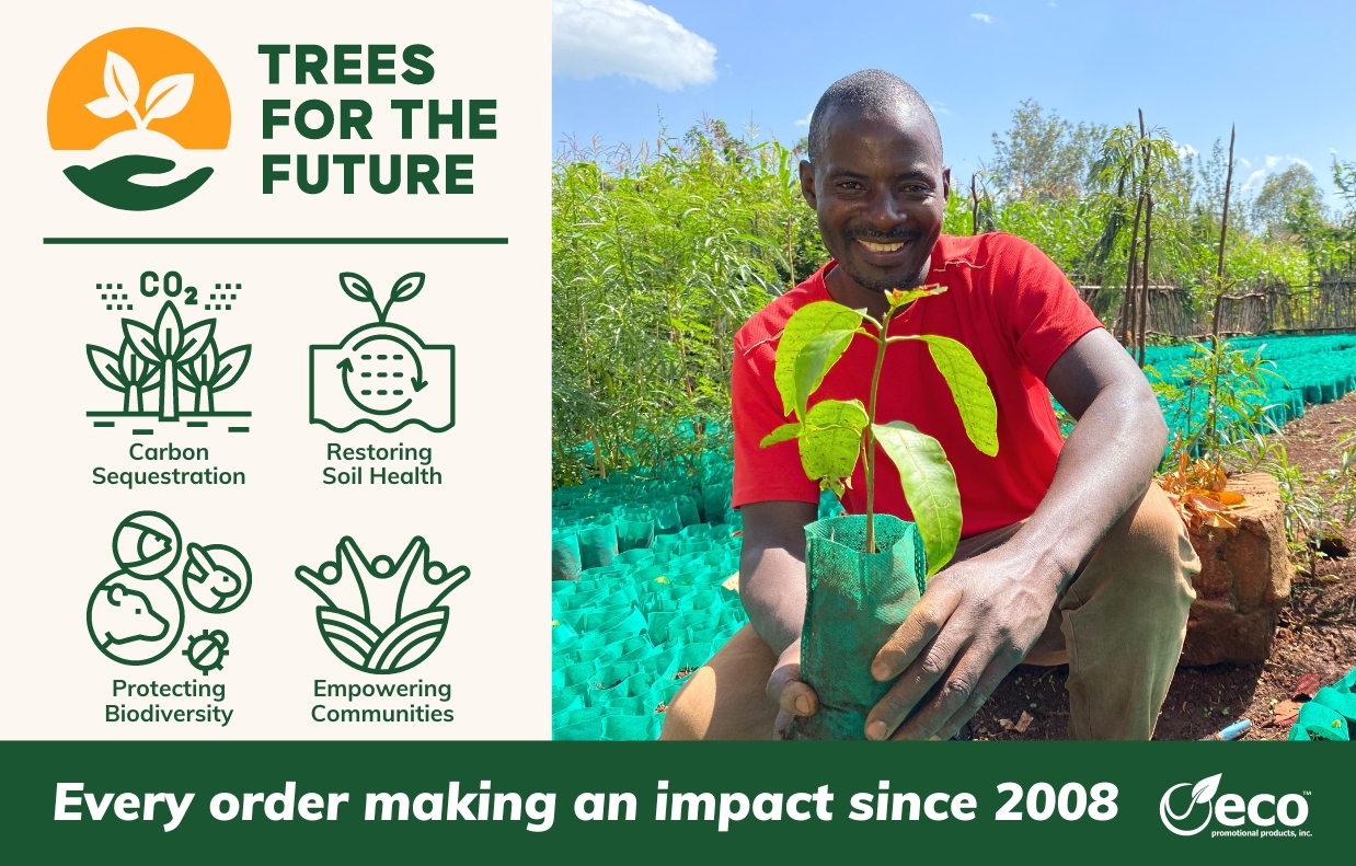 Photo of man with a small sprouting plant with Trees for the Future logo. Every order making an impact since 2008