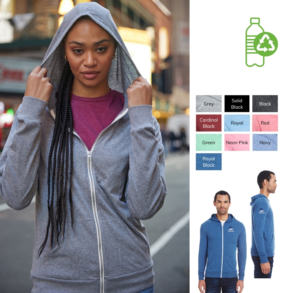 Recycled Unisex Tri Blend Full-Zip Light Weight Hoodie 