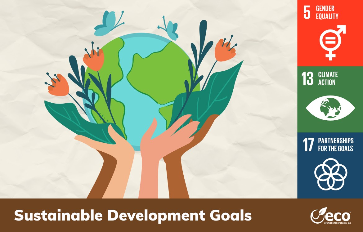 Drawing of various hands holding up an earth with flowers. Brown banner with white text that reads "sustainable development goals". Images of 3 SDGs - #5: gender equality; #13: climate action; #17: partnership for the goals