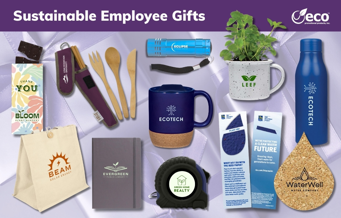 Purple banner with white text reading "Sustainable Employee Gifts" with a variety of items - mug, chocolate bar card, utensil set, water bottle, planter kit, coaster, bookmark, tape measure, notebook, flashlight, and cotton tote