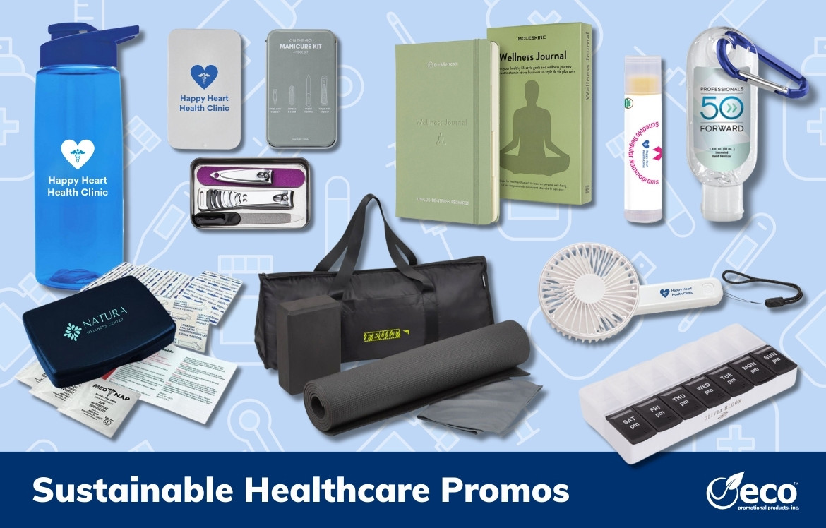 Healthcare promos - bottle, pill cases, wellness journal, yoga mat, travel fan, lip balm, hand sanitizer, nail kit