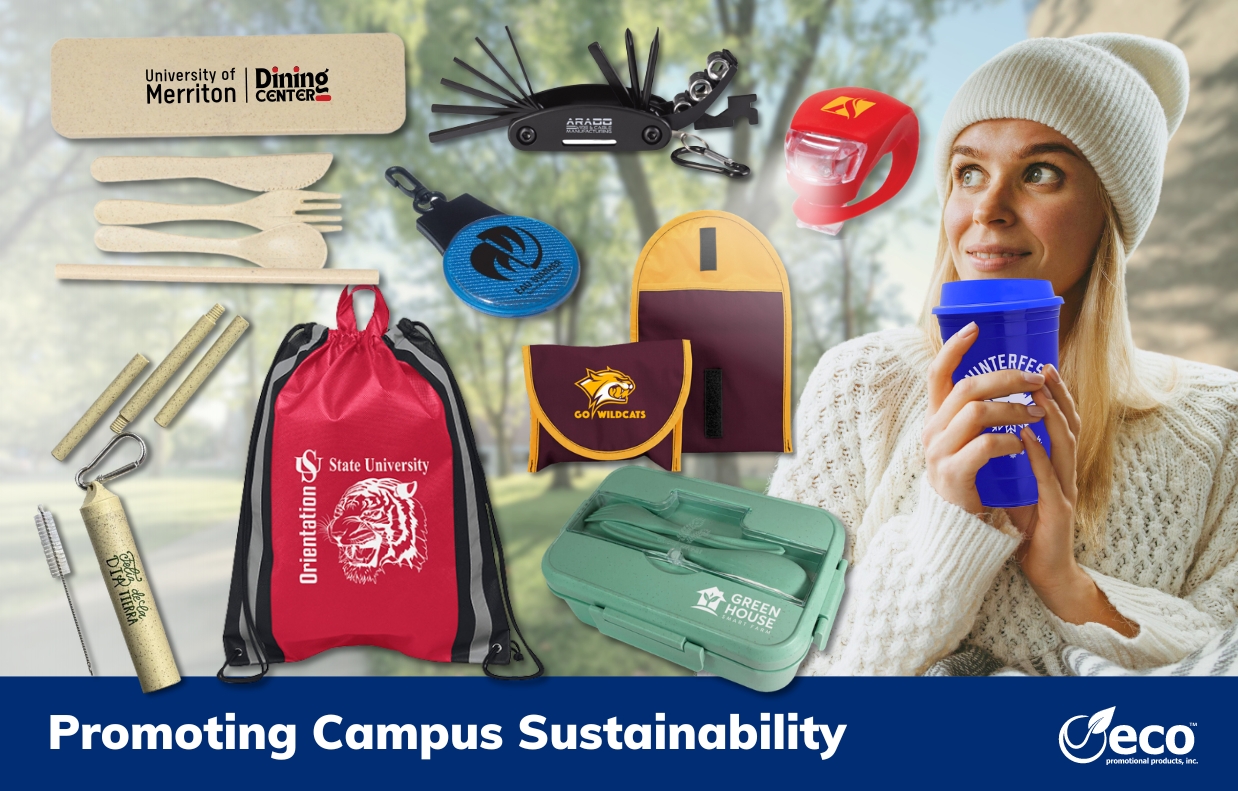 Blue banner with white text reading "Promoting campus sustainability" with utensil set, bento box, bike light, safety backpack, bike repair tool kit