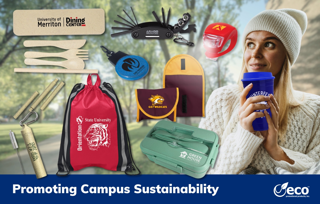 Blue banner with white text reading "Promoting campus sustainability" with utensil set, bento box, bike light, safety backpack, bike repair tool kit