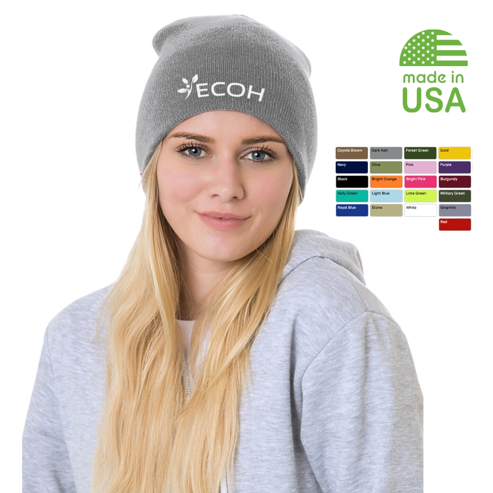 Woman in a grey embroidered USA made beanie