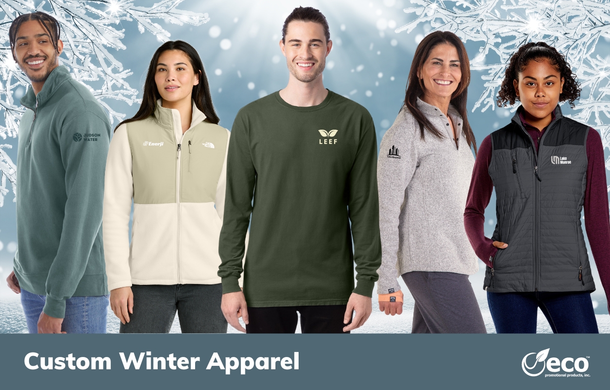 White text over grey background reading "custom winter apparel" with models wearing long sleeve t-shirts, vests, and zip jackets