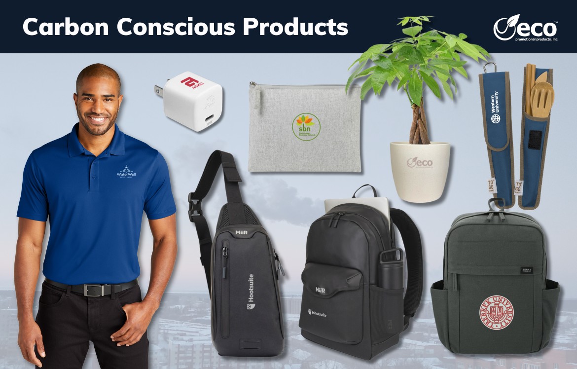 Carbon conscious products - polo, charger, sling bag, backpack, pouch, utensil set, planter