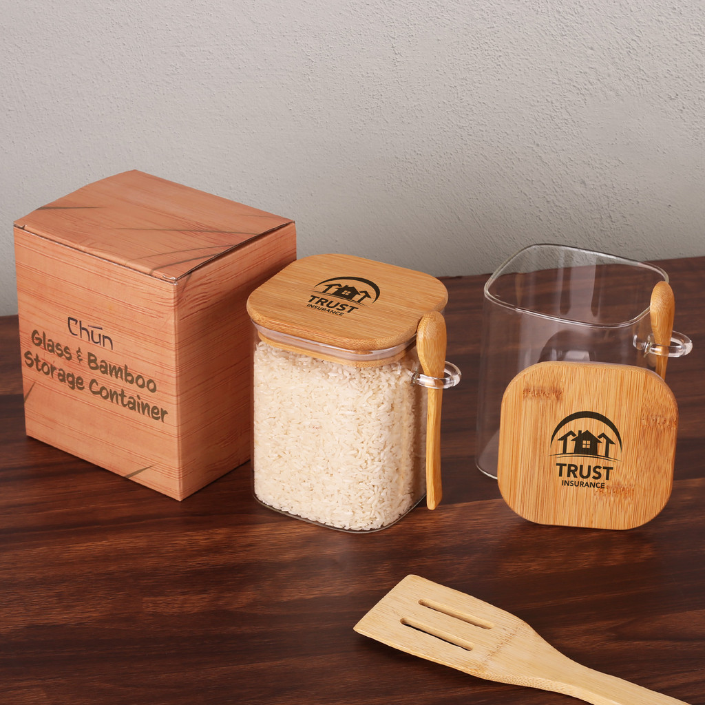 Custom Bamboo Glass Jar Storage Container with Spoon