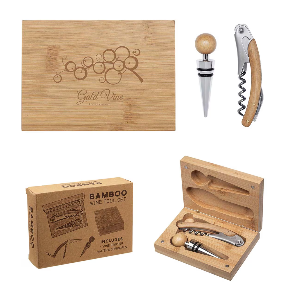 Engraved Bamboo Wine Tool Set