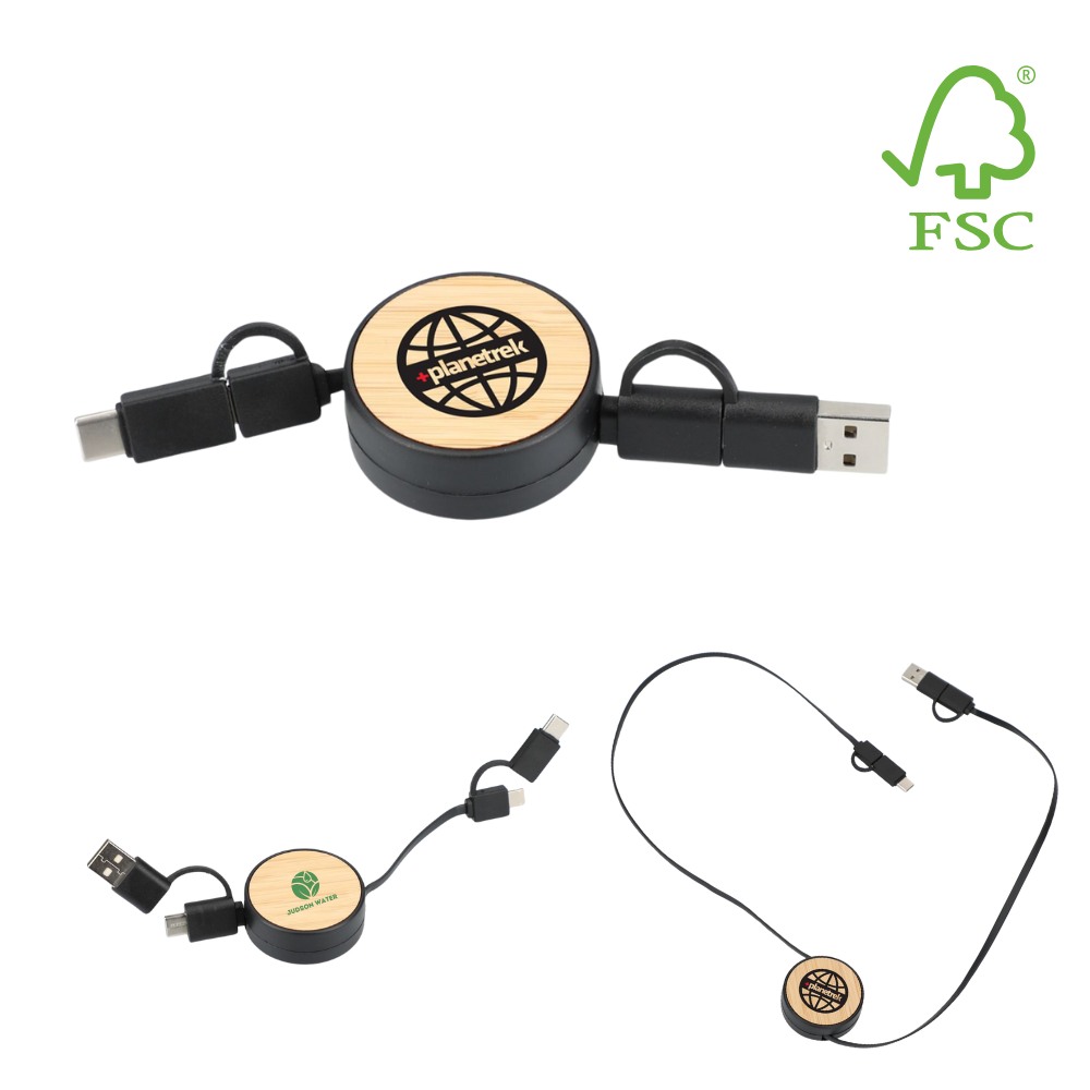 FSC® Bamboo Retractable Multi-Charger Cable