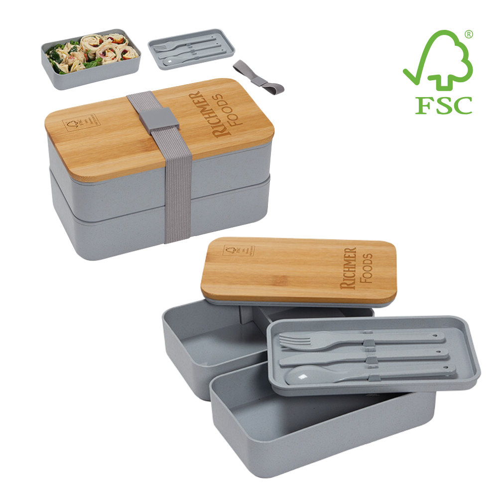 FSC Certified Bamboo Stacked Bento Lunch Set with Utensils