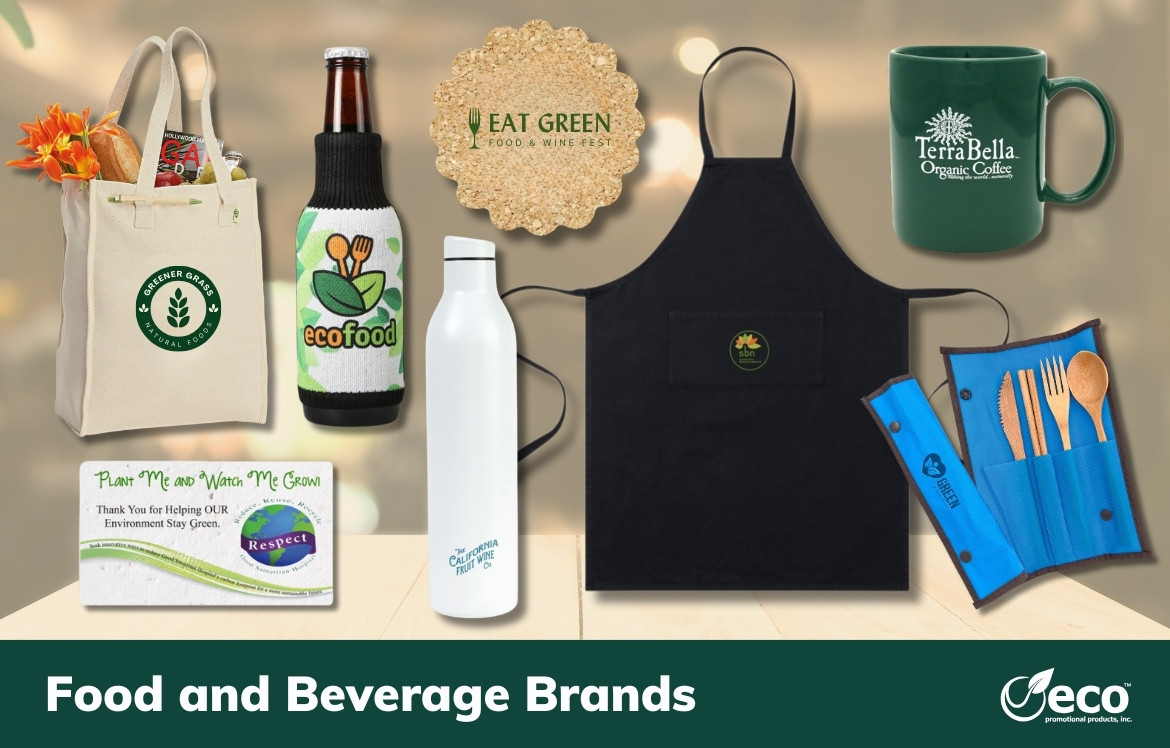 Products for food and beverage brands - apron, mug, utensil set, water bottle, coaster, beverage sleeve, business card, tote