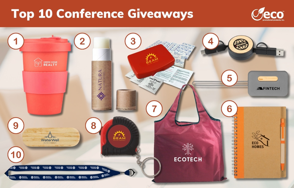 Top 10 conference giveaways - tumbler, lip balm, first aid kit, charger cable, luggage tag, notebook, tote bag, tape measure, webcam cover, lanyard