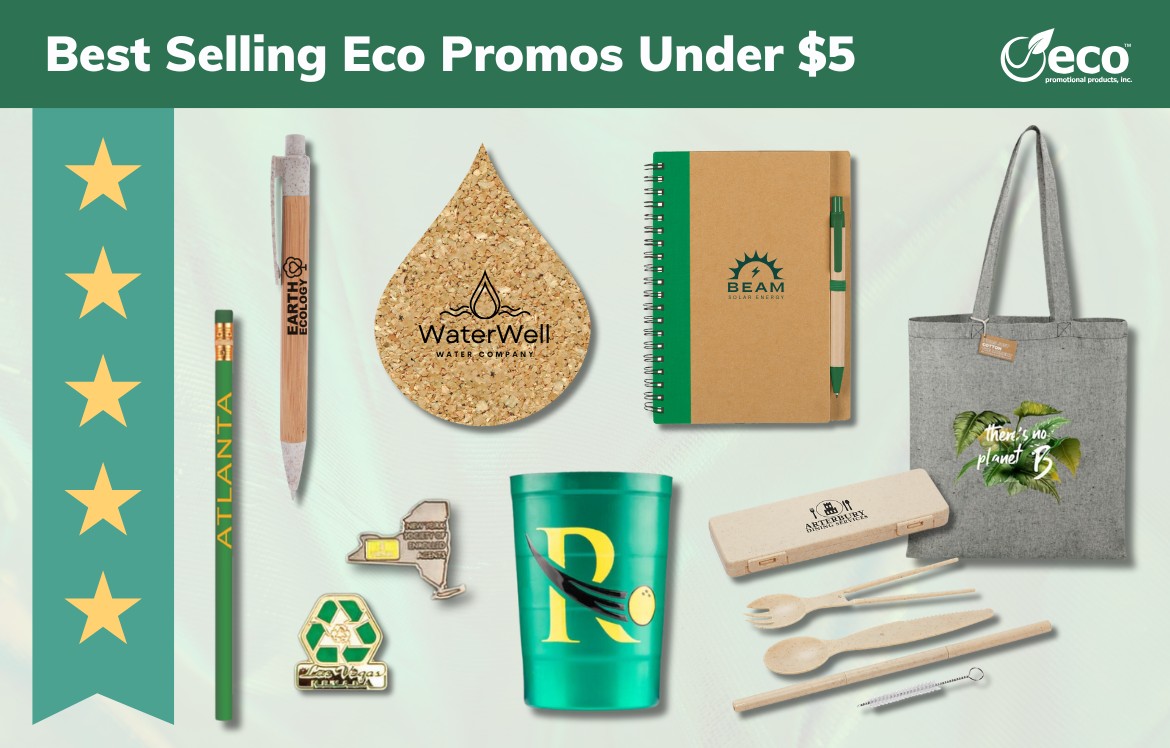 Best selling eco promos under $5 - pencil, pen, pins, coaster, cup, notebook, utensil set, tote