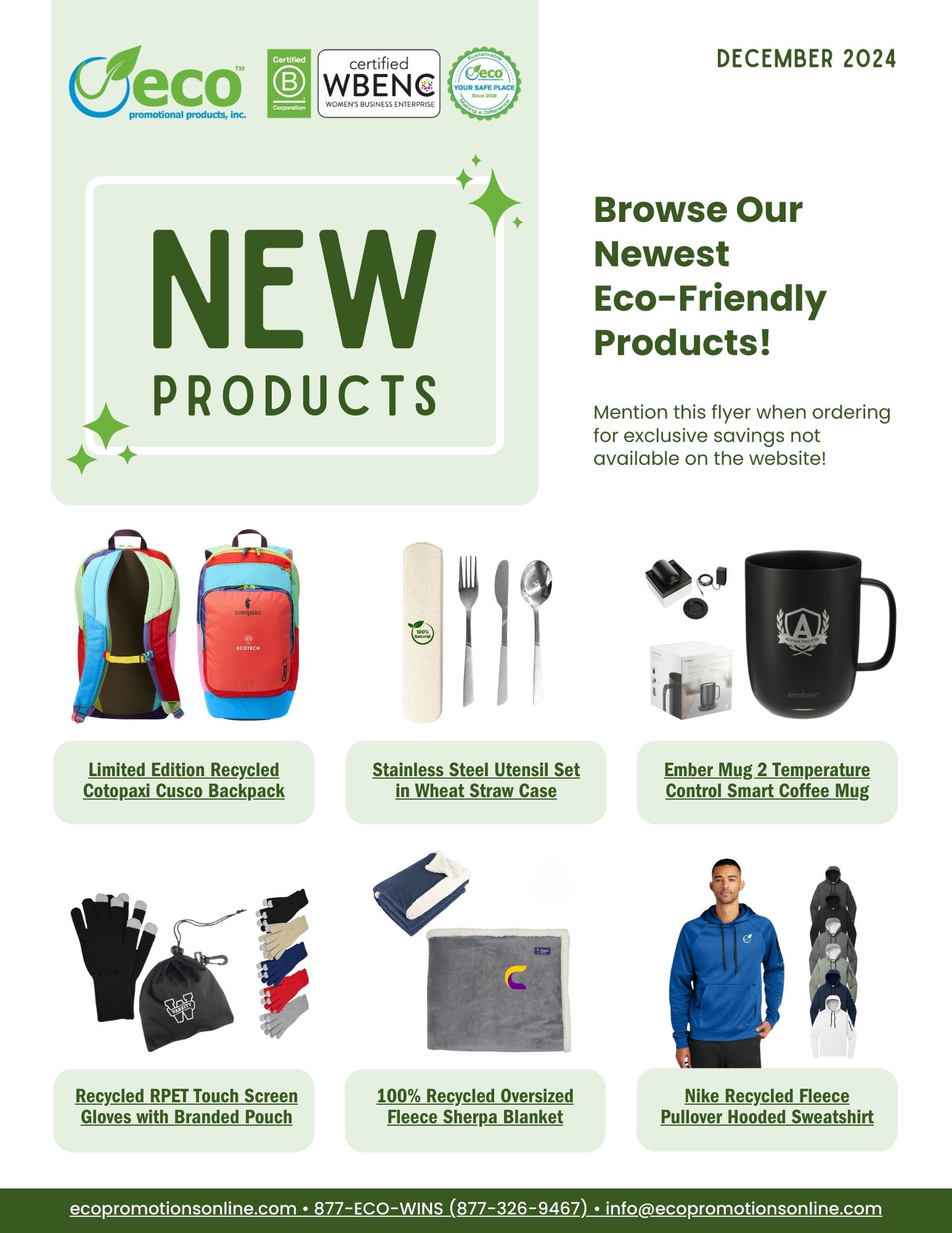 December new products flyer - Cotopaxi backpack, utensil set, Ember mug, RPET blanket, RPET touch screen gloves, Nike hoodie