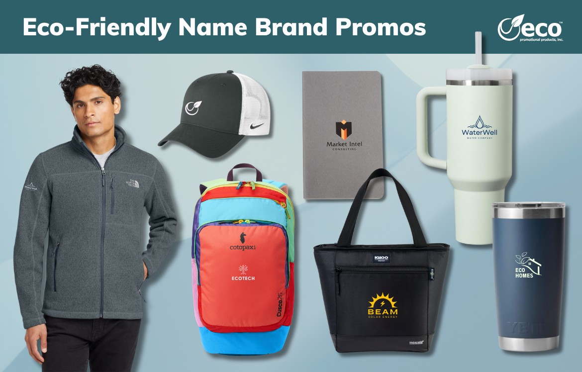 Eco friendly name brand promos - North Face jacket, Cotopaxi backpack, Nike hat, Moleskine notebook, Igloo cooler bag, Yeti tumbler, Stanley tumbler