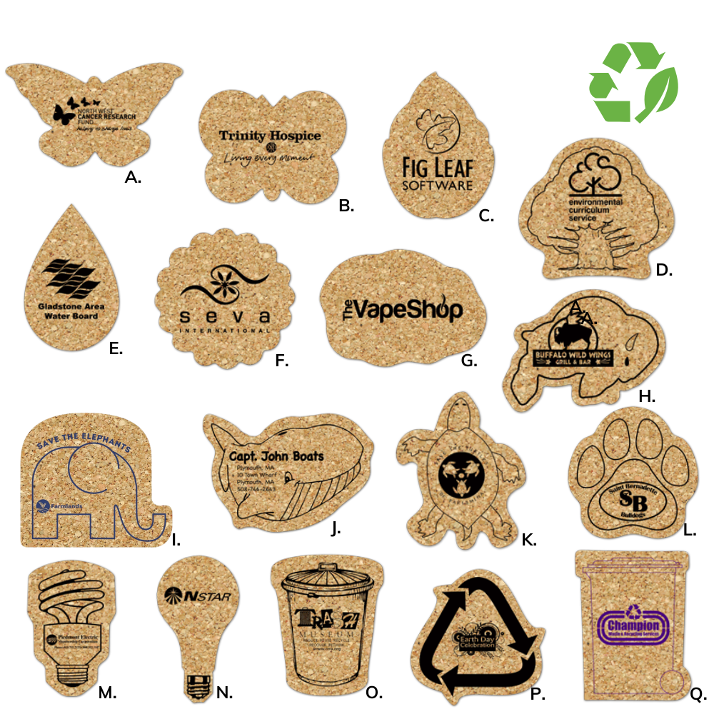 Reclaimed 100% Cork Coasters  Assorted Earth Day Conservation Shapes