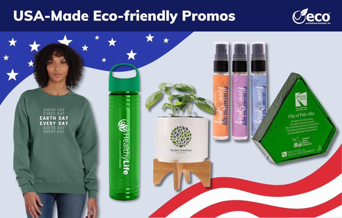 USA Made Eco-friendly Promos - sweatshirt, water bottle, planter kit, aromatherapy spray, award