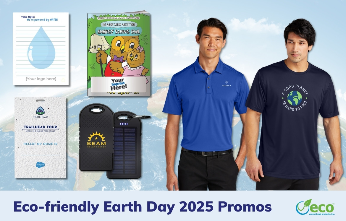 Earth day promos - carbon free t-shirt, carbon free polo, coloring book, notepad, solar charger, seed paper name badges