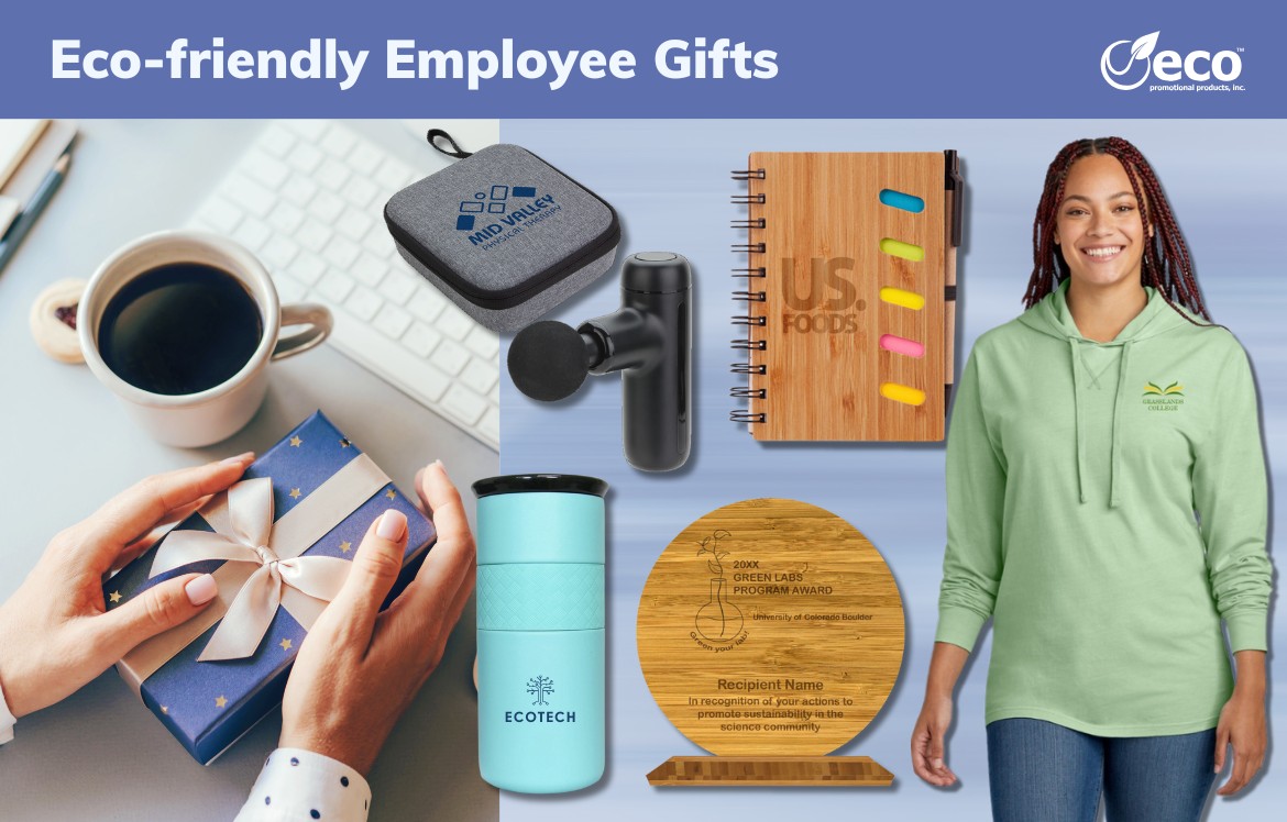 Eco friendly employee gifts - massage gun, water bottle, award, notebook, hoodie