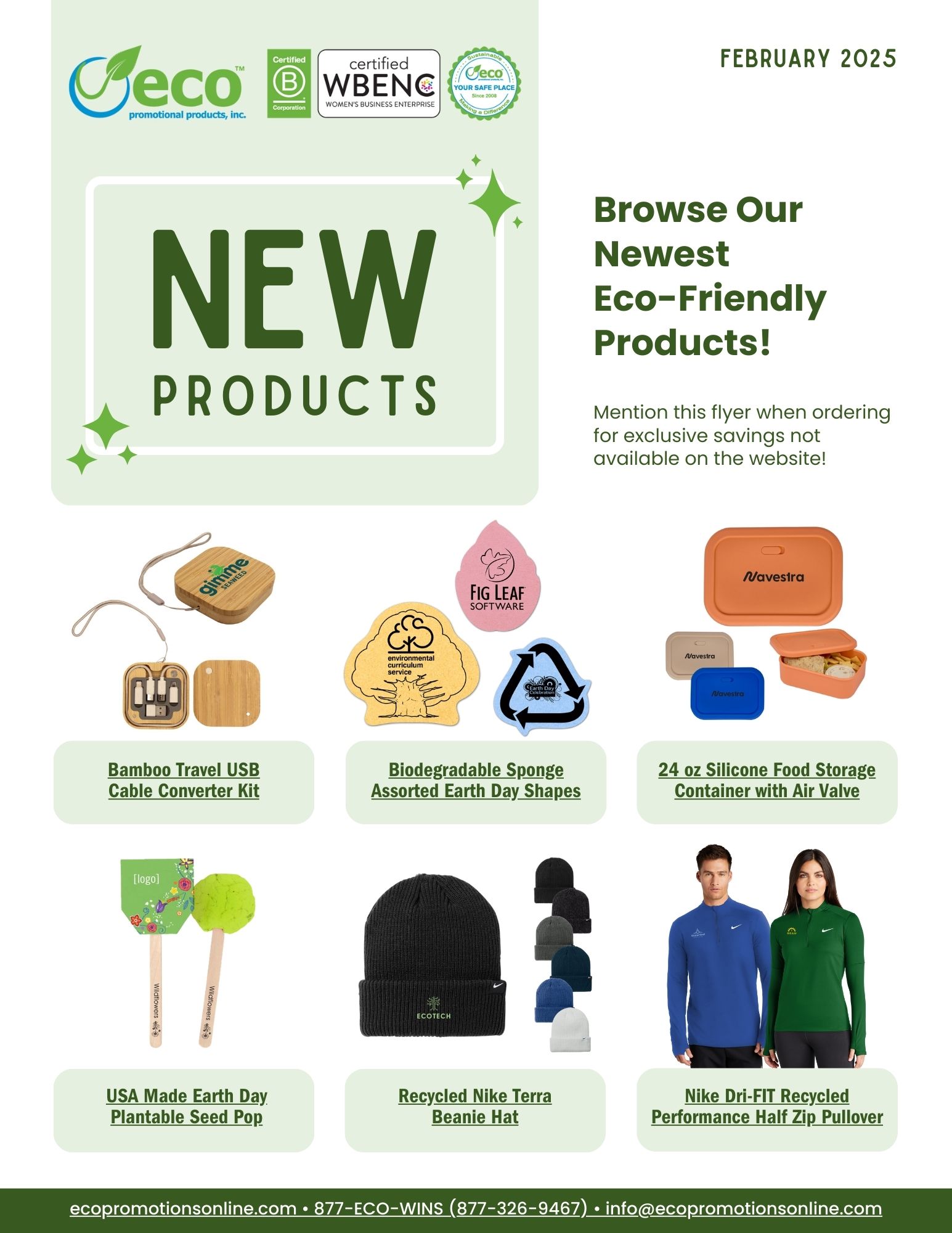 February 2025 new products - bamboo usb cable converter kit, biodegradable sponge, silicone food storage, plantable seed pop, nike recycled beanie, nike dri-fit half zip pullover