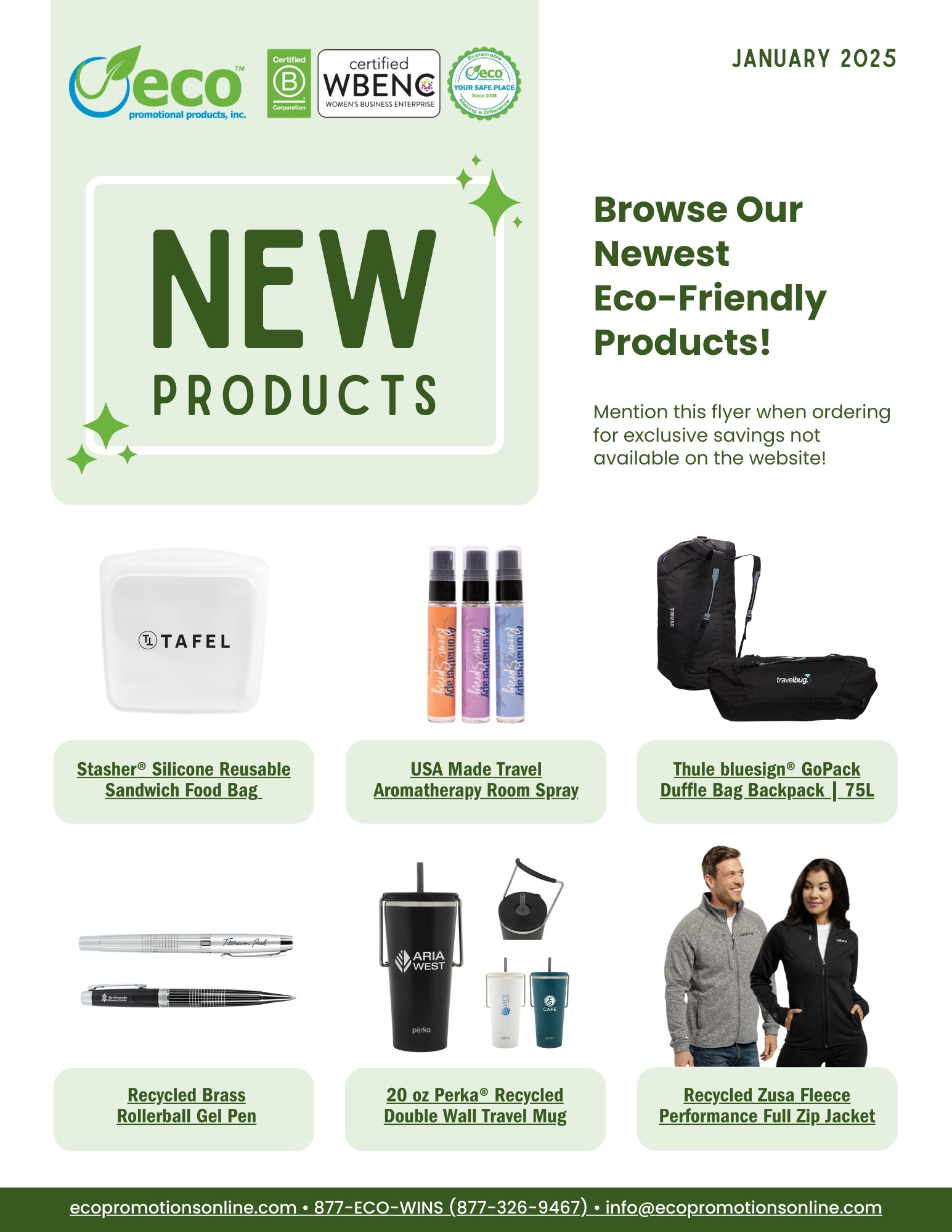 January new products - silicone bag, backpack, recycled fleece jacket, brass pen, aromatherapy spray, perka travel mug