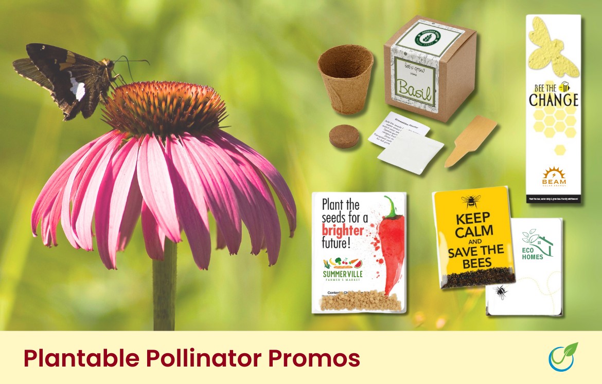 Plantable pollinator promotional products - grow kit, seeded bookmark, seed packets