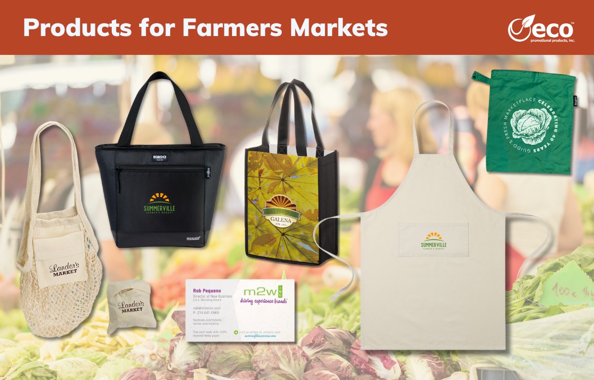 Products for farmers markets - recycled cotton apron with pocket, hemp business card, insulated cooler tote bag, reusable produce bag, cotton mesh tote, recyclable tote