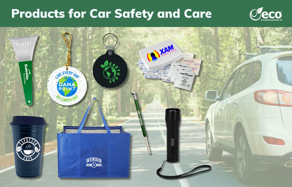 Products for car safety and care - ice scraper, travel cup, utility tote bag, rechargeable flashlight, air freshener, first aid kit, recycled keychain