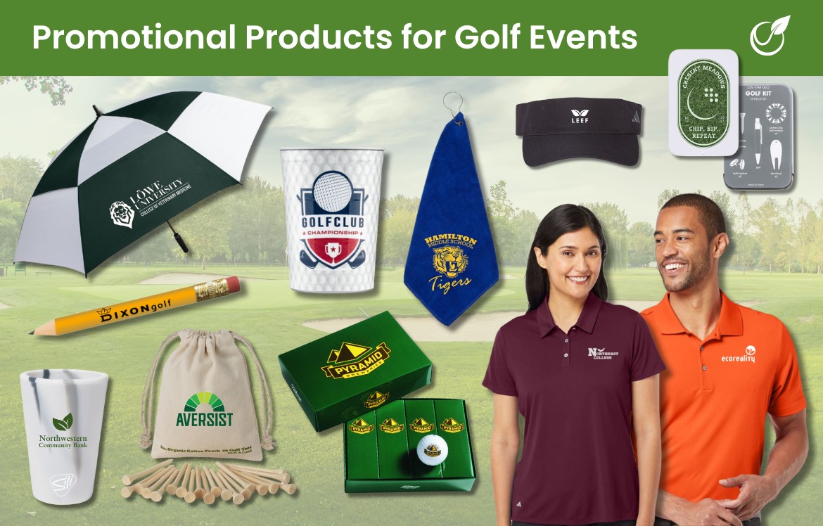 Promotional products for golf events - umbrella, golf towel, golf pencil, tees, polos, reusable cup, shot glass, visor, accessories kit, golf balls