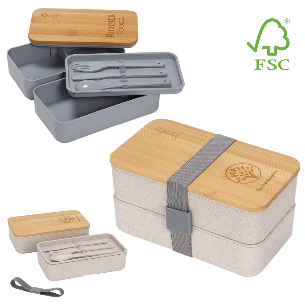 Double Decker Lunch Box with FSC® Bamboo Lid & Utensils