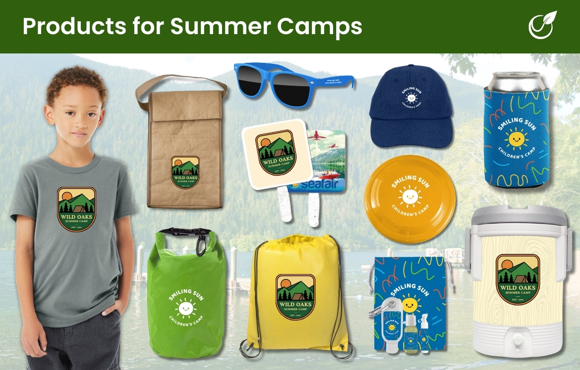 Summer camp products - t-shirt, lunch bag, dry bag, sunglasses, hand fan, drawstring backpack, flyer, hat, cooler, eco coolie, summer essentials kit