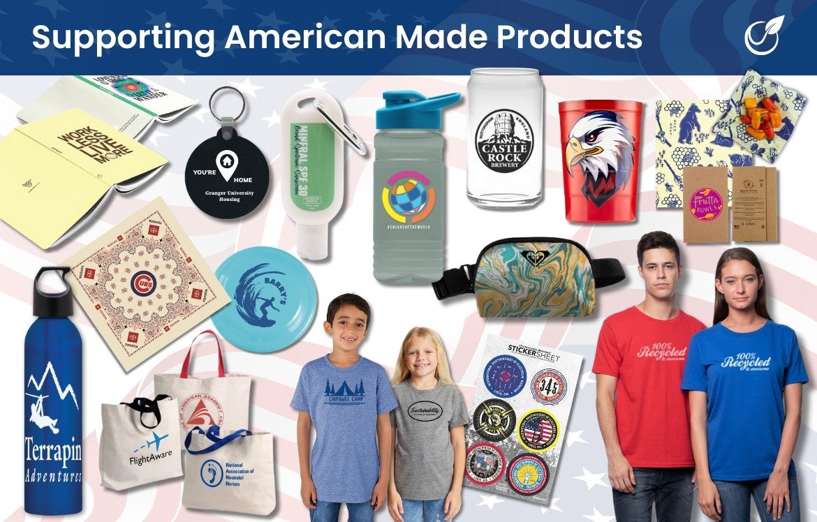 text reading "Support American Made Promotional Products" with a wide variety of promotional products