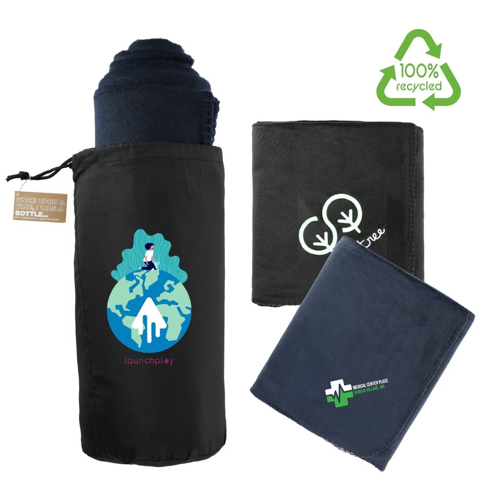 100% Recycled PET Fleece Blanket with RPET Pouch Recycled Fleece Blanket